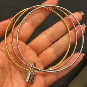 Silver & Stainless Steel Interlocked Tri-Color Bangle Bracelet w/ Lock